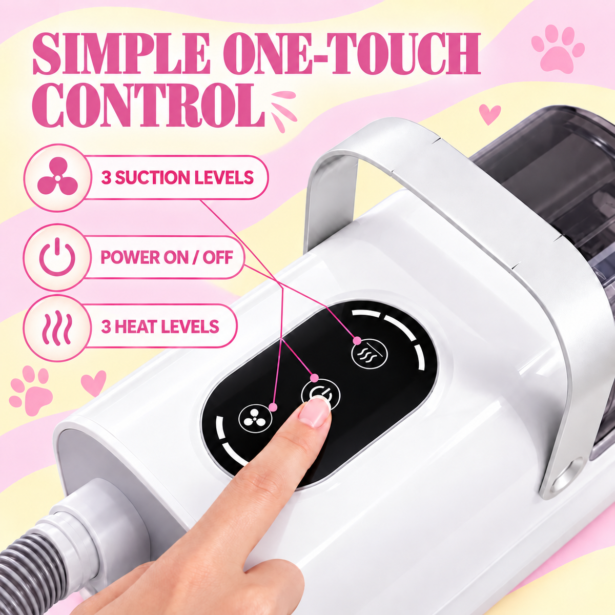 Pet grooming vacuum with simple one-touch control panel