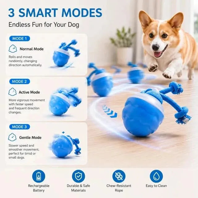 Interactive dog toy showing three smart play modes