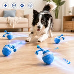 Interactive dog toy being chased by a dog indoors