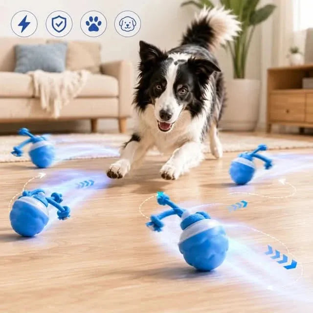 Interactive dog toy being chased by a dog indoors