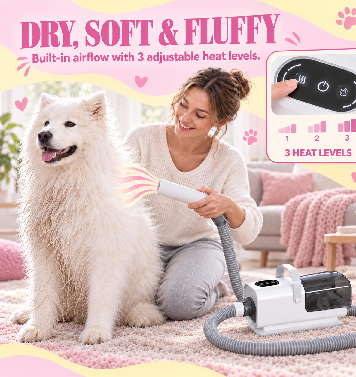 Pet grooming vacuum with dryer attachment for soft fluffy pet fur