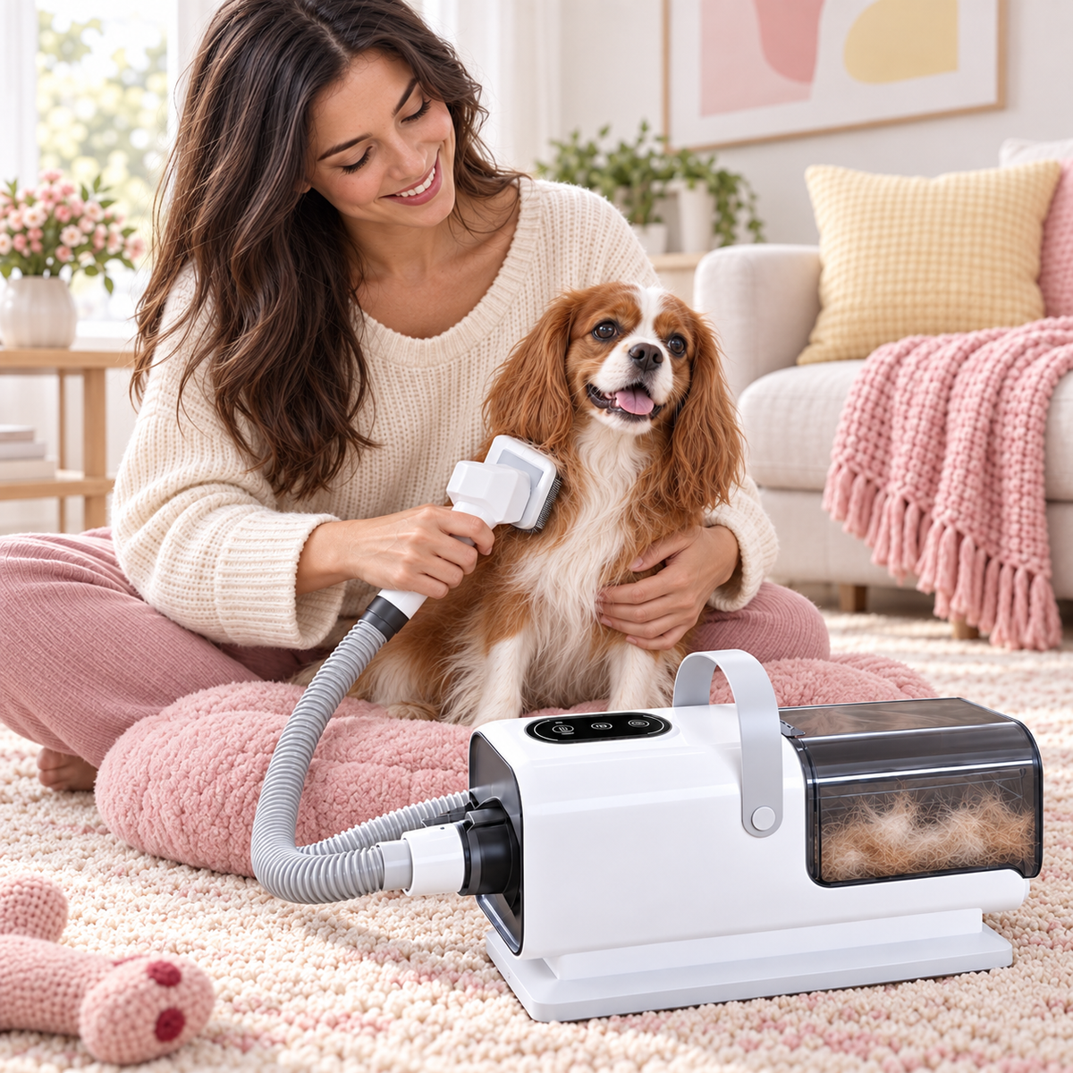 Pet grooming vacuum being used for at-home dog grooming