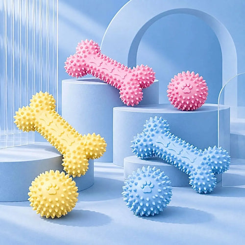 Dog dental chew toy balls and bones in multiple colors