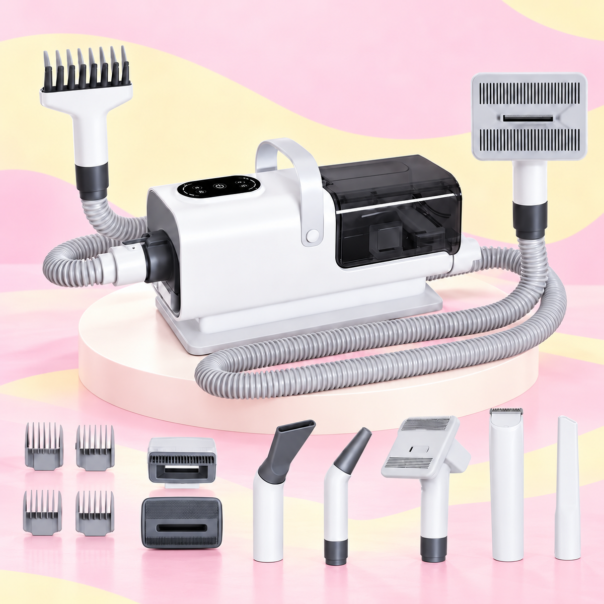 Pet grooming vacuum with clipper combs nozzles and grooming attachments