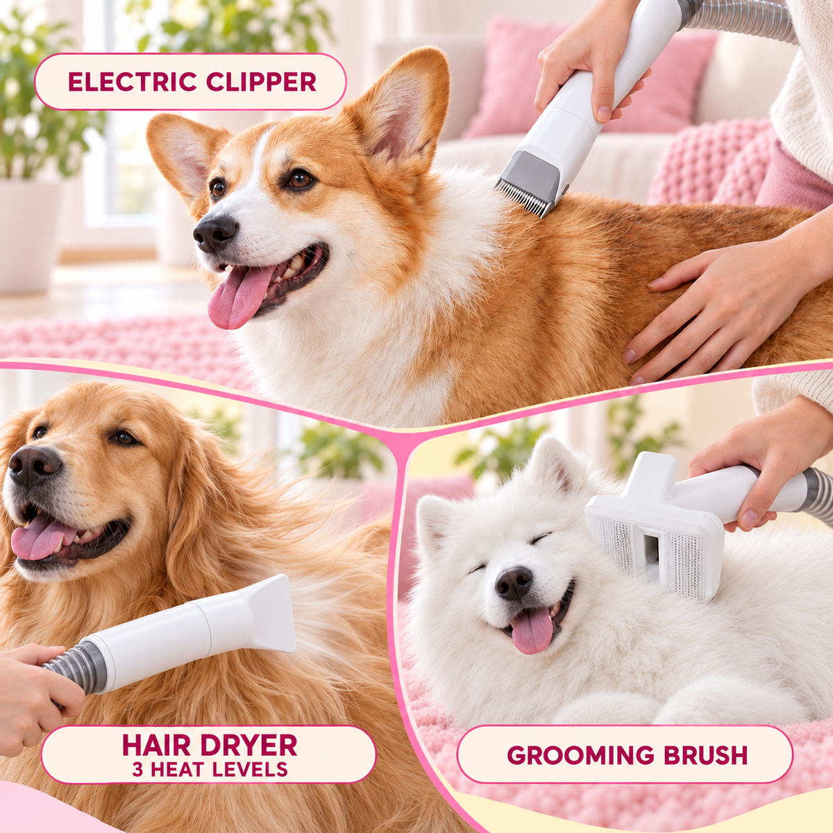 Pet grooming vacuum for dogs and cats with multiple grooming functions