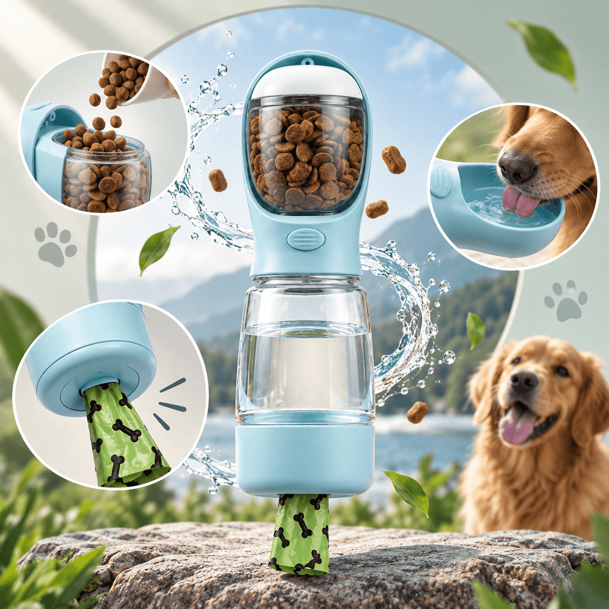 Portable dog water bottle showing 3-in-1 compartments for walks