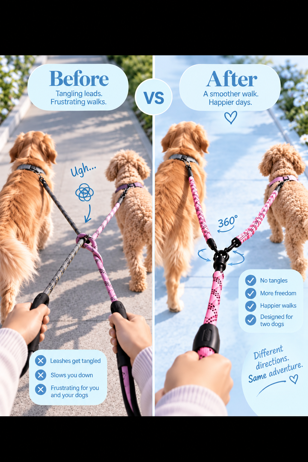 Dual Dog Leash | 360° No-Tangle Swivel